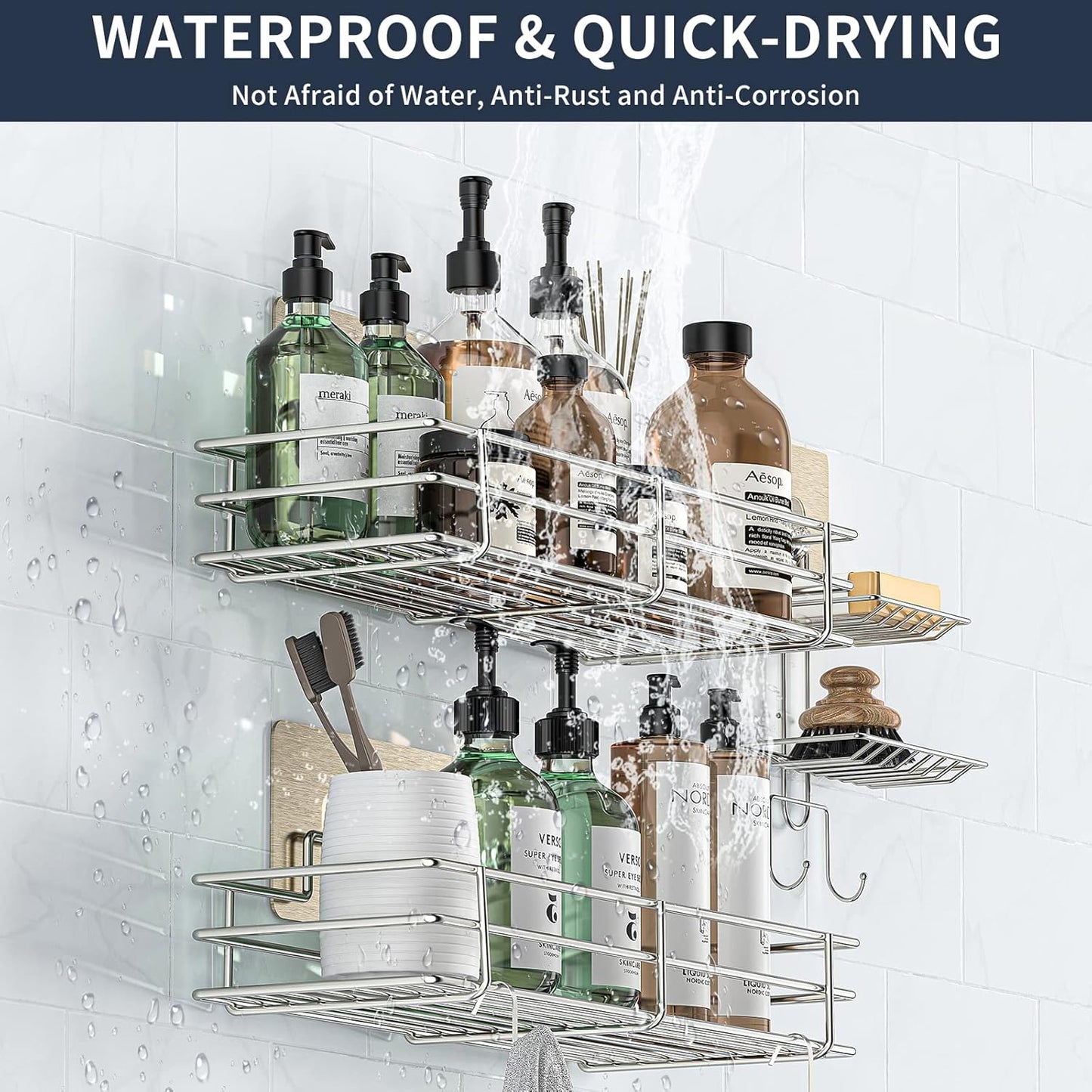 Shower Caddy Basket Shelf with Soap Holder 3 Pack, No Drilling Traceless Adhesive Shower Organizer Storage for Inside, Shower Wall Shelves with Hooks, SUS304 Stainless Steel Bathroom Organizer Shelf