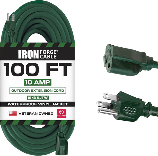 Green Outdoor Extension Cord 100 FT - 16/3 SJTW Weatherproof Long Extension Cord for outside with 3 Prong - 16 Gauge 100 Foot for Yard, Gardens, Landscaping - UL Listed