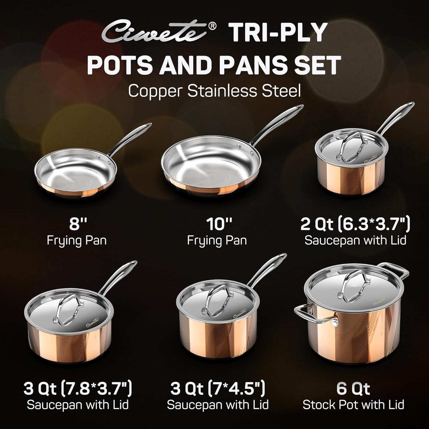 Whole Tri-Ply 18/10 Stainless Steel Pot and Pan Set (10 Piece), Copper Pots and Pans Set with Stainless Steel Lid, Induction Cookware Set, Include Stock Pot, Saucepan, Frying Pan - Copper