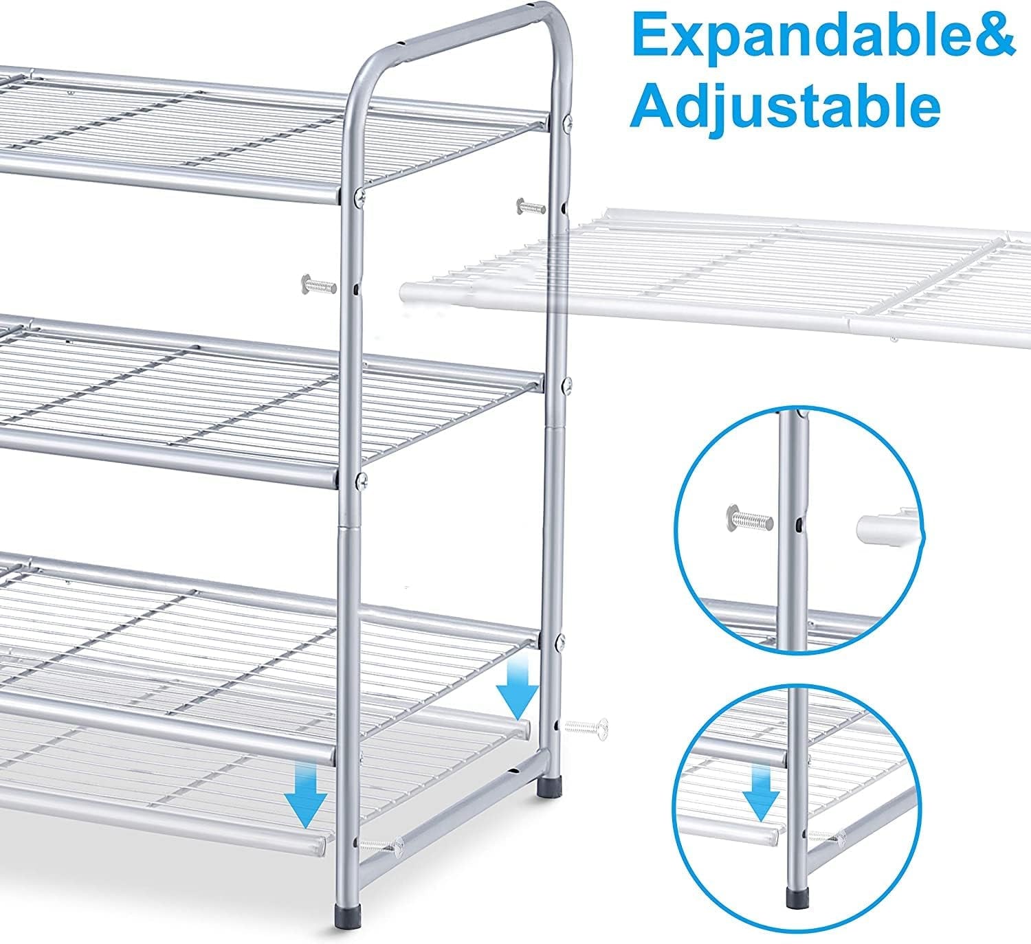 3-Tier Stackable Shoe Rack, Expandable & Adjustable Shoe Shelf Storage Organizer, Wire Grid, Silver