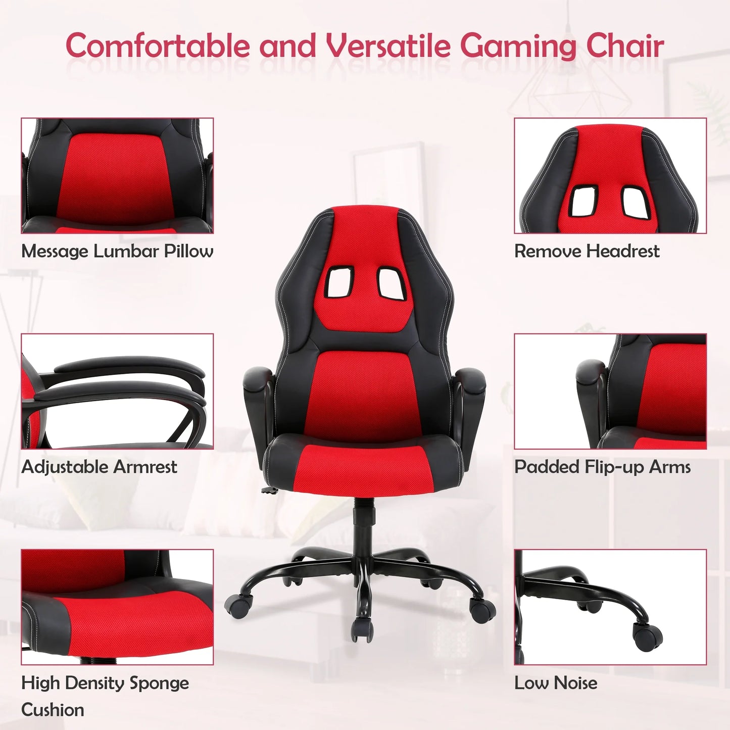 Gaming Chair PC Gaming Chair Gaming Chairs for Adults, Computer Chair PU Leather Office Desk Chair with Arms & Back Ergonomic High-Back Video Game Chair(Red)