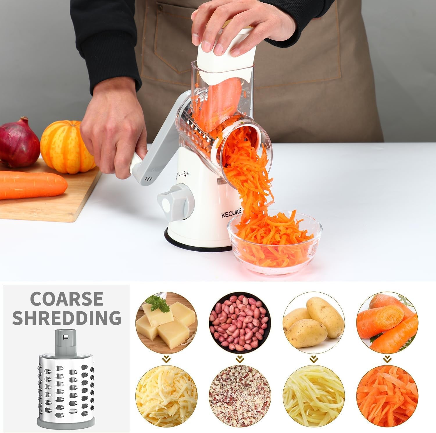 Rotary Cheese Grater Hand Crank Cheese Shredder for Fresh Cheese, Vegetable, Nuts,Non-Slip Suction Base, Free Cleaning Brush Three Blades, White