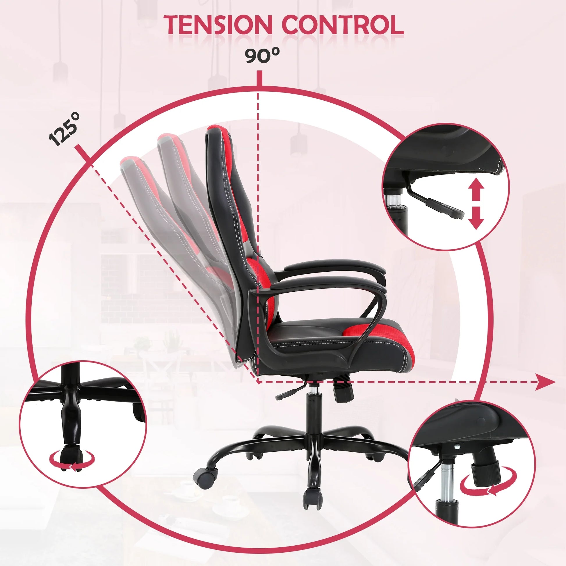 Gaming Chair PC Gaming Chair Gaming Chairs for Adults, Computer Chair PU Leather Office Desk Chair with Arms & Back Ergonomic High-Back Video Game Chair(Red)