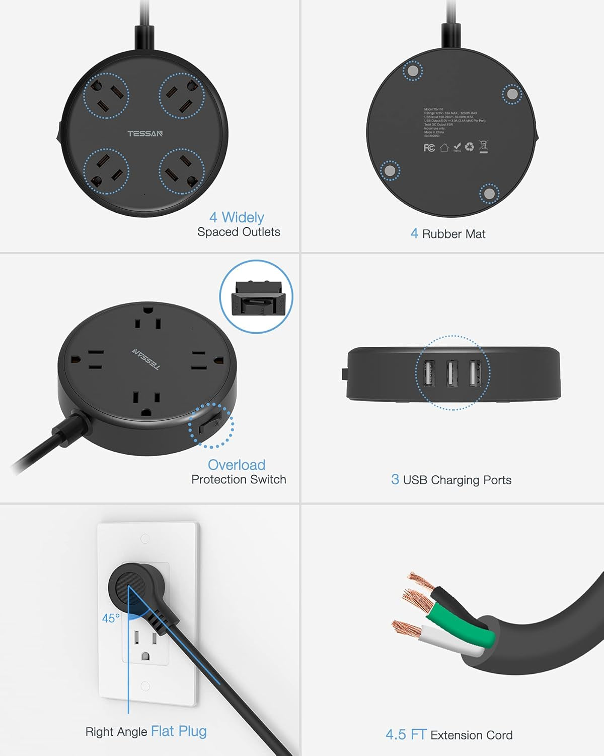 Cruise Power Strip with USB,  Extension Cord with 4 Wide Spaced Outlets and 3 USB Ports, Cruise Ship Must Have Small Desk Charging Station Flat Plug 4.5Ft Extender for Travel, Dorm Room, Black