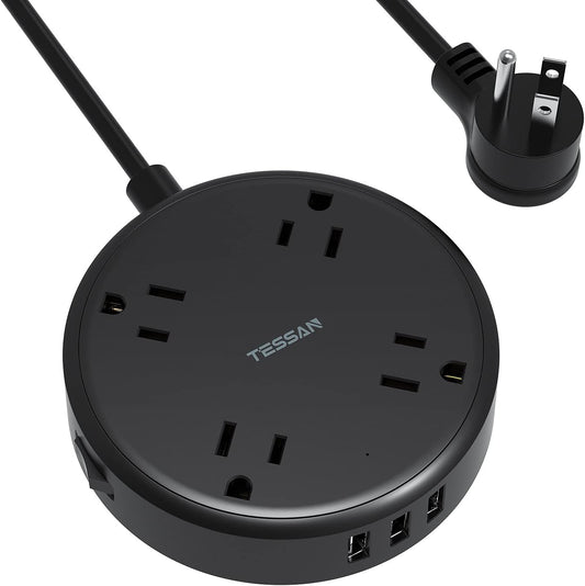 Cruise Power Strip with USB,  Extension Cord with 4 Wide Spaced Outlets and 3 USB Ports, Cruise Ship Must Have Small Desk Charging Station Flat Plug 4.5Ft Extender for Travel, Dorm Room, Black