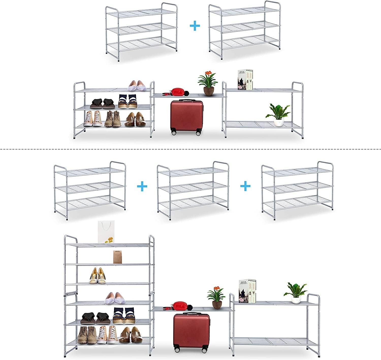 3-Tier Stackable Shoe Rack, Expandable & Adjustable Shoe Shelf Storage Organizer, Wire Grid, Silver