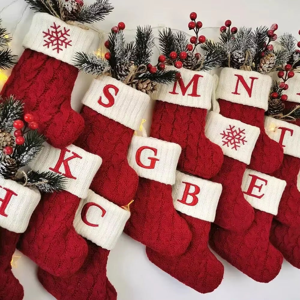 Christmas Socks Knitting Snowflake Letter Stocking Christmas Decoration for Home 2024 Xmas Tree Ornament Gift Navidad Natal A-Z