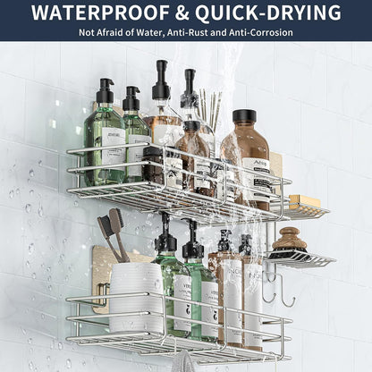 Shower Caddy Basket Shelf with Soap Holder 3 Pack, No Drilling Traceless Adhesive Shower Organizer Storage for Inside, Shower Wall Shelves with Hooks, SUS304 Stainless Steel Bathroom Organizer Shelf