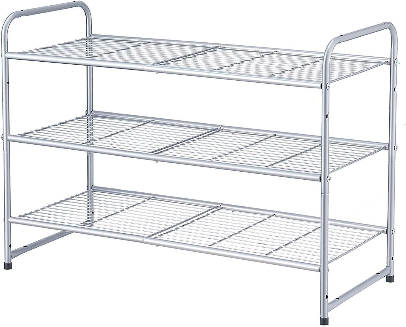 3-Tier Stackable Shoe Rack, Expandable & Adjustable Shoe Shelf Storage Organizer, Wire Grid, Silver