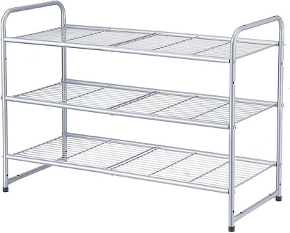 3-Tier Stackable Shoe Rack, Expandable & Adjustable Shoe Shelf Storage Organizer, Wire Grid, Silver