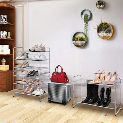 3-Tier Stackable Shoe Rack, Expandable & Adjustable Shoe Shelf Storage Organizer, Wire Grid, Silver