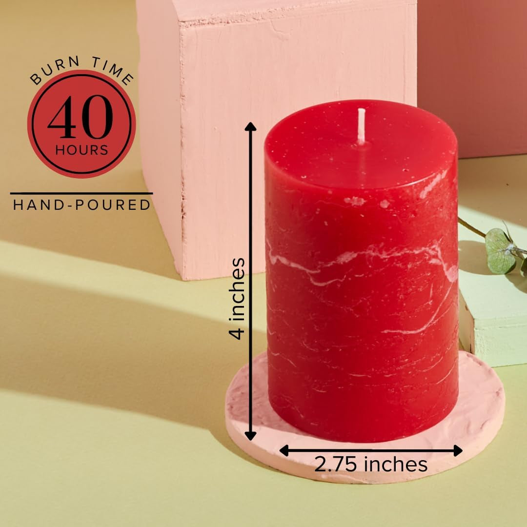 Red Rustic Texture Pillar Candles - 3X4 Inch Set of 3 - Unscented Decorative Large Candles for Home Decor, Weddings, Holidays