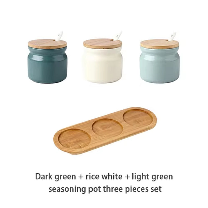 Ceramic Spice Rack Salt Shaker and Pepper Shaker Oil Bottle Set Kitchen Household Supplies for Spices Storage Jar with Cover