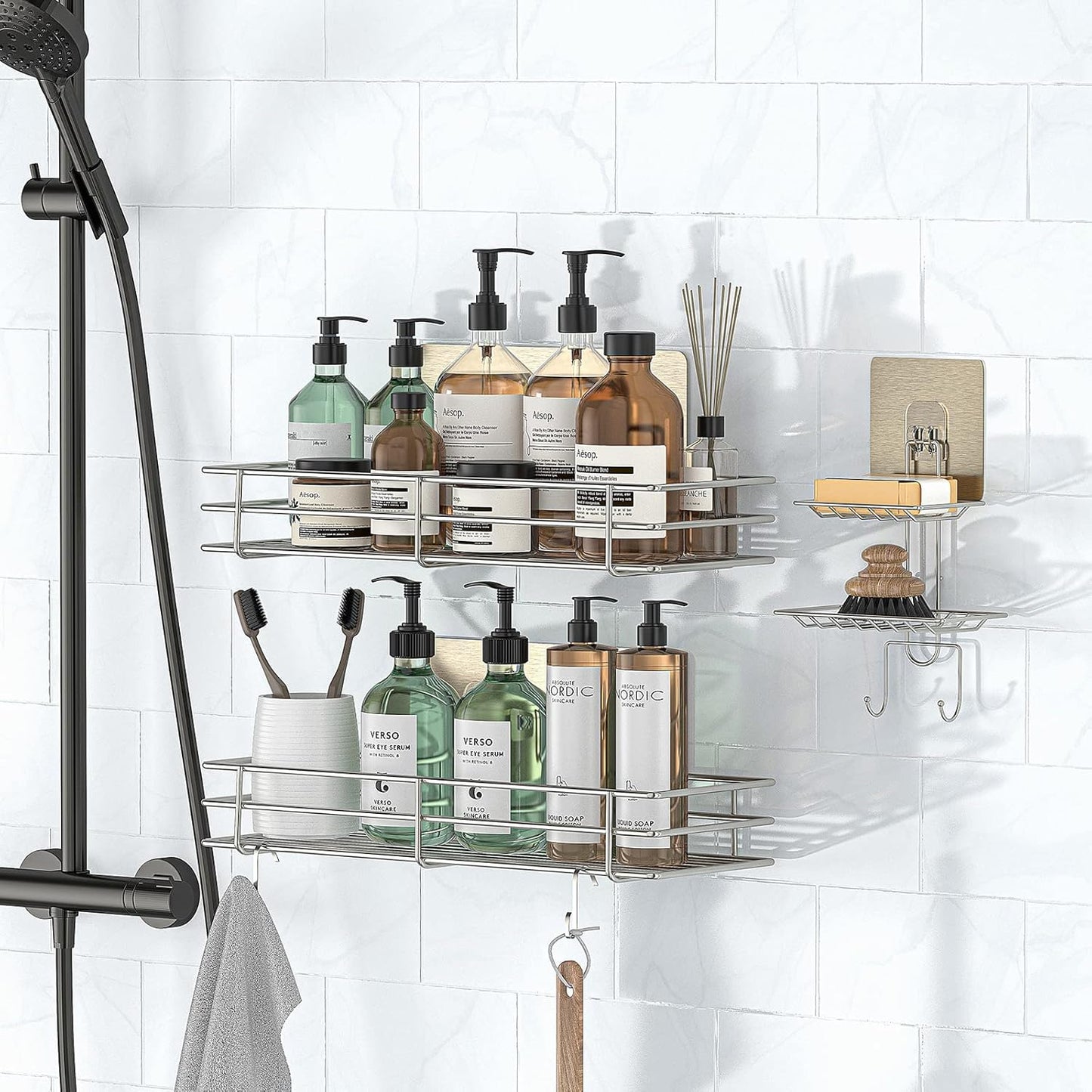 Shower Caddy Basket Shelf with Soap Holder 3 Pack, No Drilling Traceless Adhesive Shower Organizer Storage for Inside, Shower Wall Shelves with Hooks, SUS304 Stainless Steel Bathroom Organizer Shelf