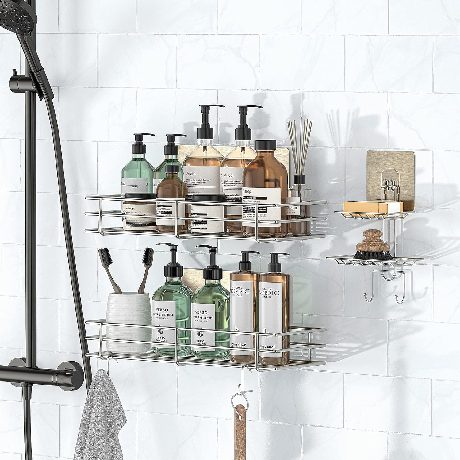 Shower Caddy Basket Shelf with Soap Holder 3 Pack, No Drilling Traceless Adhesive Shower Organizer Storage for Inside, Shower Wall Shelves with Hooks, SUS304 Stainless Steel Bathroom Organizer Shelf