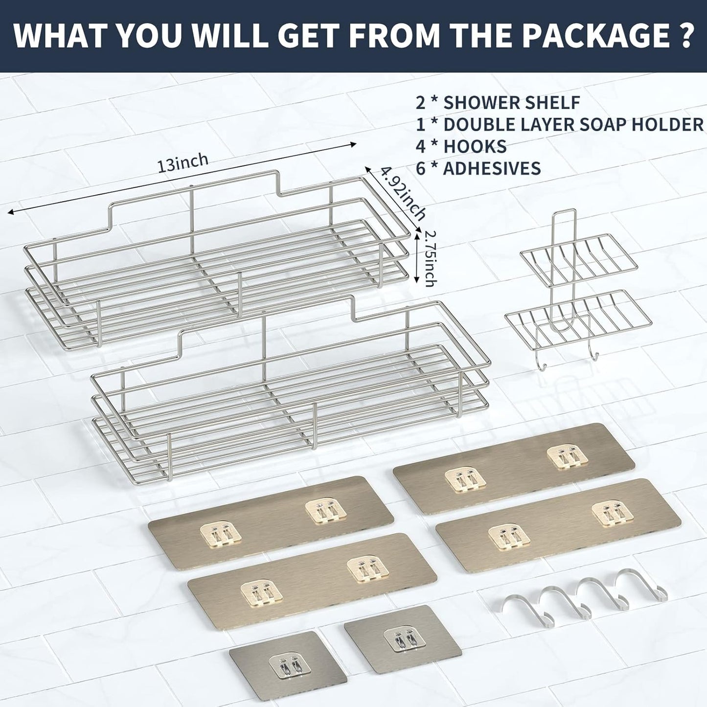 Shower Caddy Basket Shelf with Soap Holder 3 Pack, No Drilling Traceless Adhesive Shower Organizer Storage for Inside, Shower Wall Shelves with Hooks, SUS304 Stainless Steel Bathroom Organizer Shelf