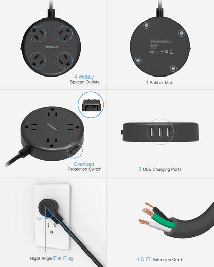 Cruise Power Strip with USB,  Extension Cord with 4 Wide Spaced Outlets and 3 USB Ports, Cruise Ship Must Have Small Desk Charging Station Flat Plug 4.5Ft Extender for Travel, Dorm Room, Black