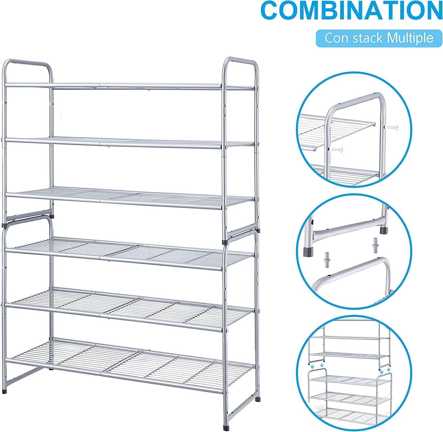 3-Tier Stackable Shoe Rack, Expandable & Adjustable Shoe Shelf Storage Organizer, Wire Grid, Silver