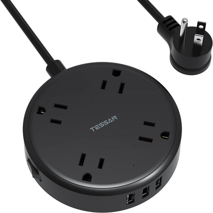Cruise Power Strip with USB,  Extension Cord with 4 Wide Spaced Outlets and 3 USB Ports, Cruise Ship Must Have Small Desk Charging Station Flat Plug 4.5Ft Extender for Travel, Dorm Room, Black