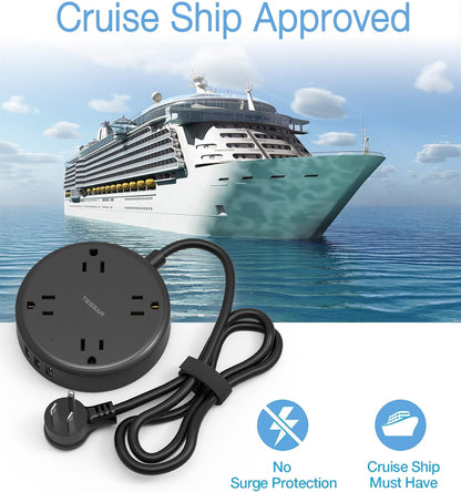 Cruise Power Strip with USB,  Extension Cord with 4 Wide Spaced Outlets and 3 USB Ports, Cruise Ship Must Have Small Desk Charging Station Flat Plug 4.5Ft Extender for Travel, Dorm Room, Black