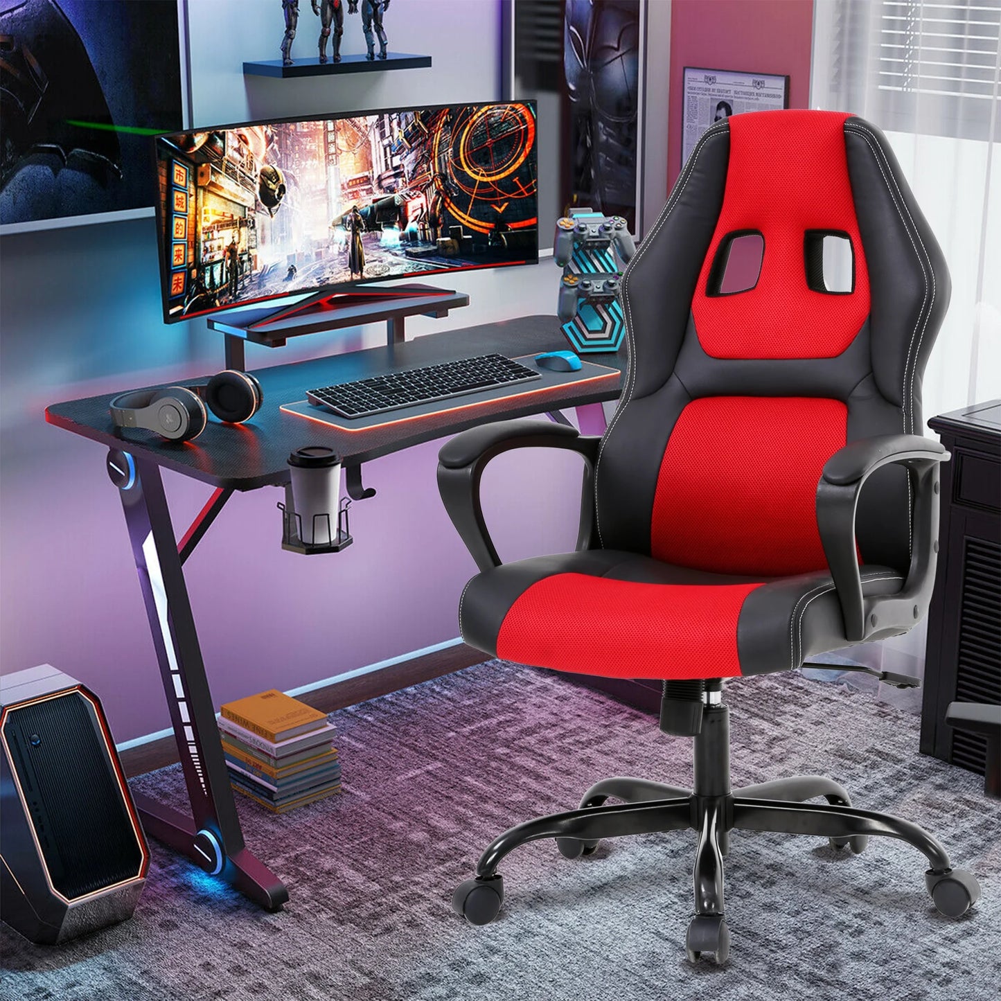 Gaming Chair PC Gaming Chair Gaming Chairs for Adults, Computer Chair PU Leather Office Desk Chair with Arms & Back Ergonomic High-Back Video Game Chair(Red）