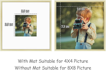 , 8X8 Gold Aluminum Picture Frame - Set of 1 - Ideal for Displaying 4X4 Photos with Mat or 8X8 without Mat - Real Glass Front - Simple Gallery Wall Frames for Art Prints and Posters