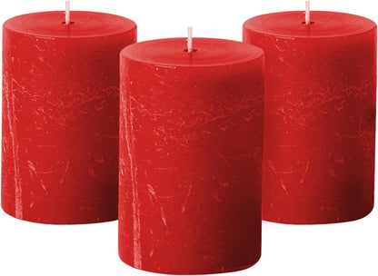 Red Rustic Texture Pillar Candles - 3X4 Inch Set of 3 - Unscented Decorative Large Candles for Home Decor, Weddings, Holidays